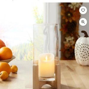 Better Homes & Gardens Candle Holder Glass Natural Wood Stand Hurricane Holidays